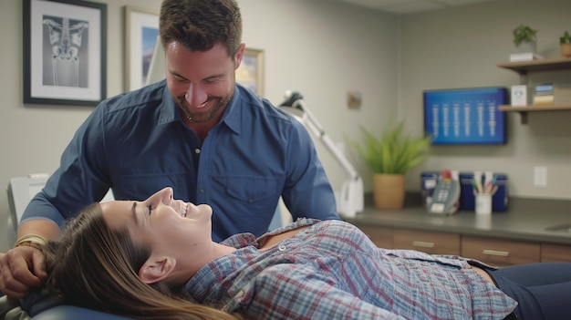 The photo shows a chiropractor adjusting a patients spine