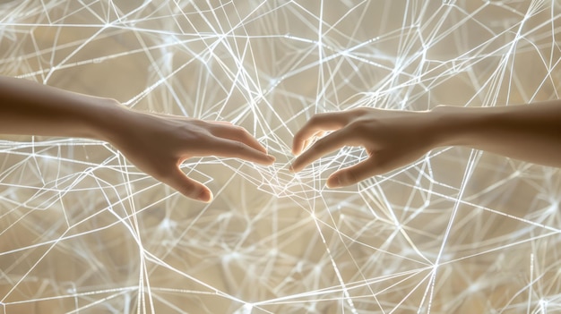 Photo photo shows hands weaving strings together forming an intricate web metaphor of various connections between people through communication help love care