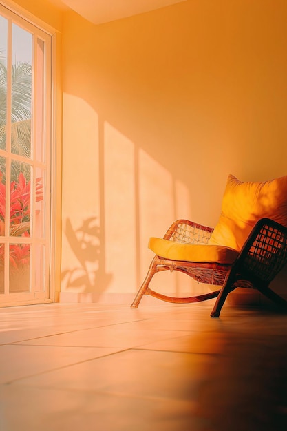 Photo photo shows an indoor scene with a yellow couch sunlight streaming through large windows