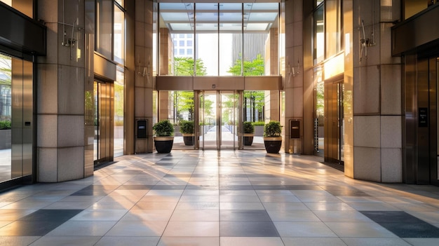 Photo the photo shows a modern office building with a glass front and a marble floor there are plants in the lobby and a large door leading to the outside