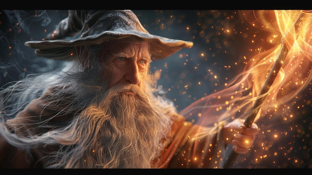 The photo shows a wizard with long white beard and grey hat casting a spell with his staff