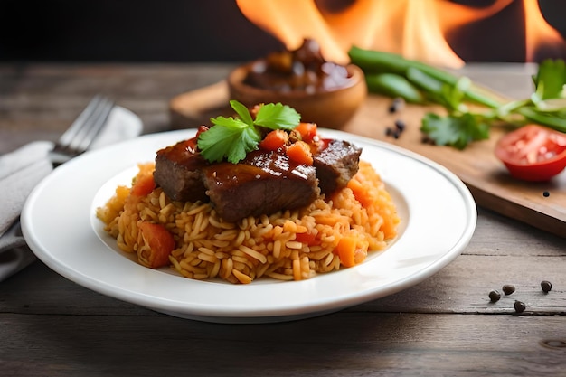 photo side view pilaf with stewed beef meat on a plate