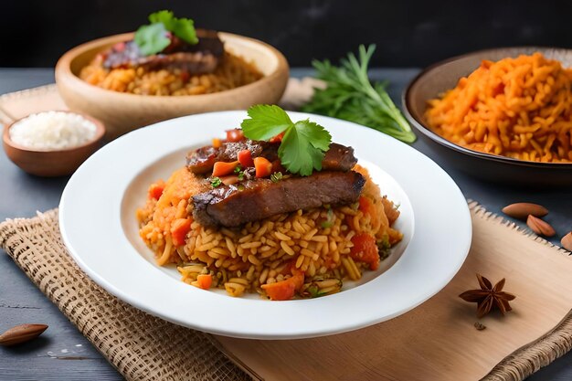 photo side view pilaf with stewed beef meat on a plate