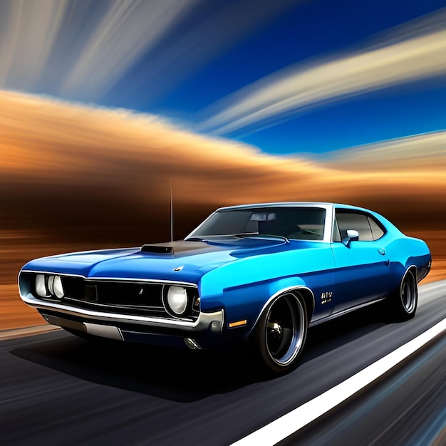 photo of a sideview of blue muscle car going very fast on road Generative AI