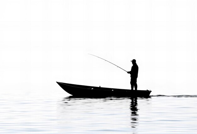 Photo photo silhouette of an angler standing in a small boat on calm waters