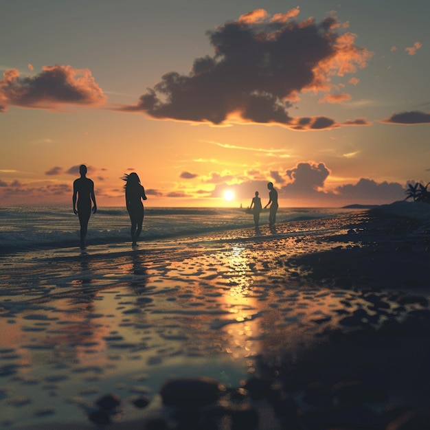 Photo silhouette people on beach against sky during sunset