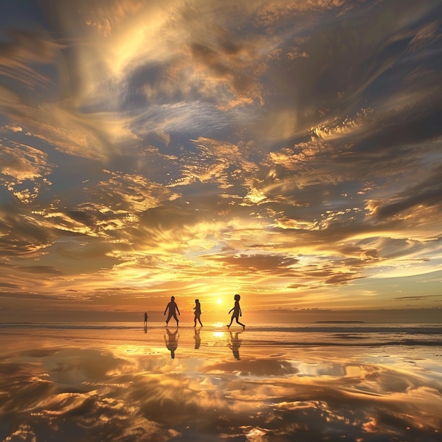 Photo silhouette people on beach against sky during sunset