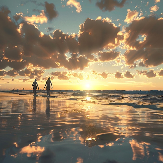 Photo silhouette people on beach against sky during sunset