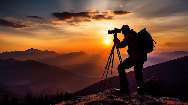 A photo silhouette of photographer with evening sunset in the mountains