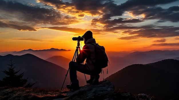 A photo silhouette of photographer with evening sunset in the mountains