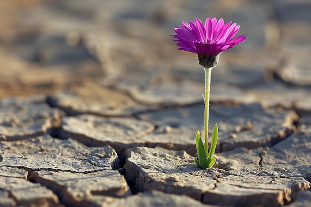 Photo photo of a single purple flower growing through cracked earth in the desert symbolizing hope and re