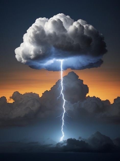 A photo of a single very small puffy cloud with a glowing realistic white orange lighting bolt