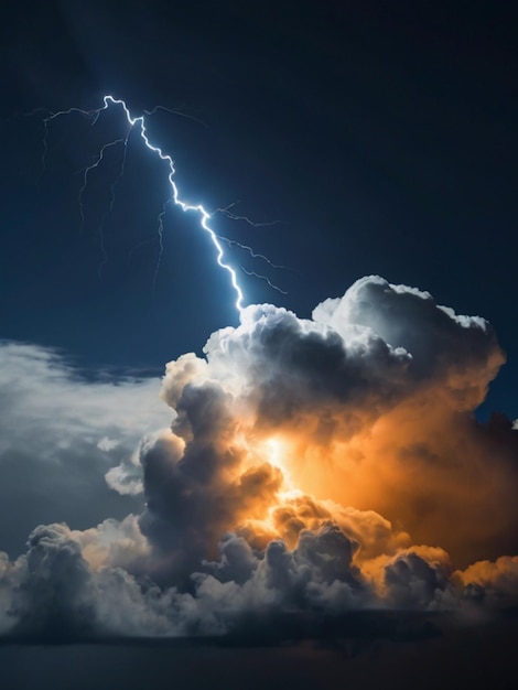 A photo of a single very small puffy cloud with a glowing realistic white orange lighting bolt