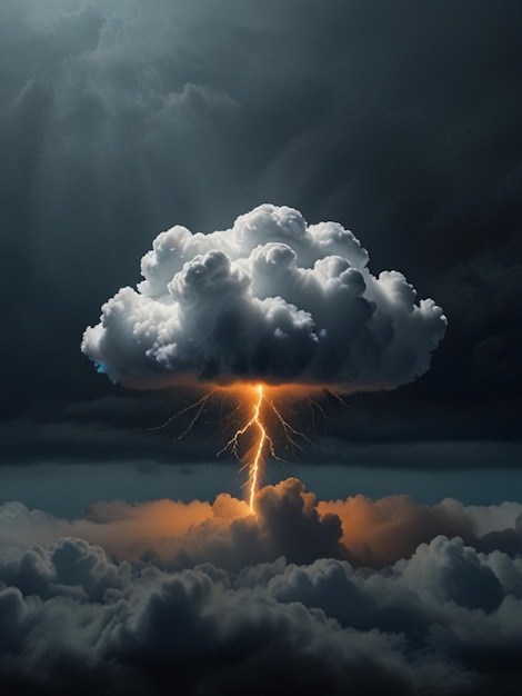 A photo of a single very small puffy cloud with a glowing realistic white orange lighting bolt