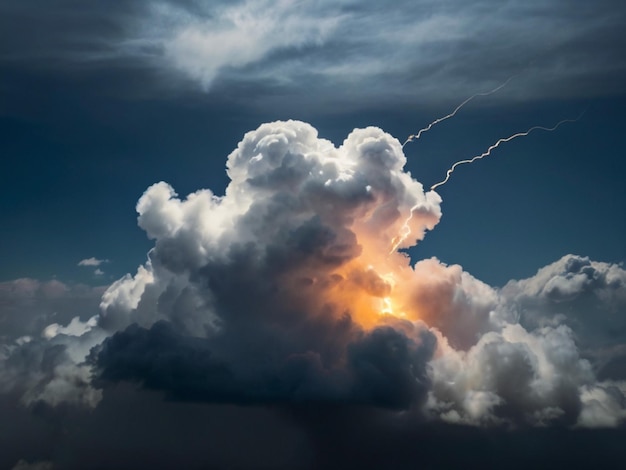 A photo of a single very small puffy cloud with a glowing realistic white orange lighting bolt