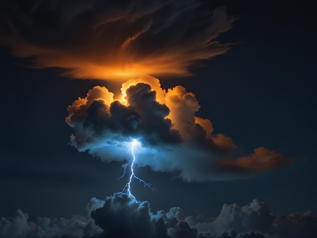 A photo of a single very small puffy cloud with a glowing realistic white orange lighting bolt