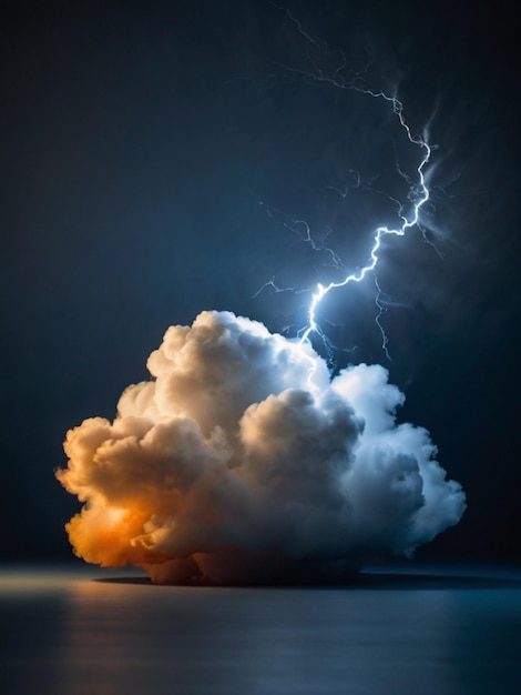 A photo of a single very small puffy cloud with a glowing realistic white orange lighting bolt