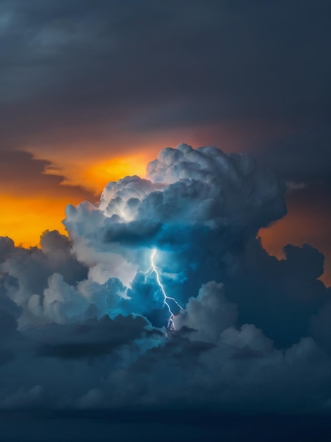 Photo a photo of a single very small puffy cloud with a glowing realistic white orange lighting bolt