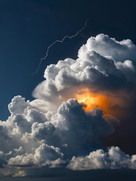 A photo of a single very small puffy cloud with a glowing realistic white orange lighting bolt