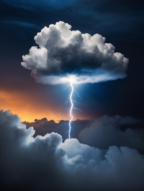 A photo of a single very small puffy cloud with a glowing realistic white orange lighting bolt