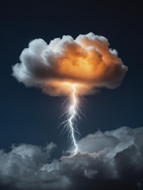 A photo of a single very small puffy cloud with a glowing realistic white orange lighting bolt