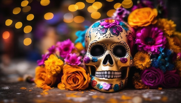 Photo skull decorated with flowers in the background and a lit candle Day of the Dead theme in Mexico 9