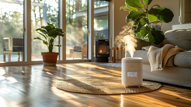 Photo photo of a sleek portable air conditioner cooling a modern living room