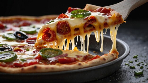 Photo slice of pizza being lifted from pizza pan with