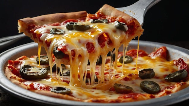 Photo slice of pizza being lifted from pizza pan with