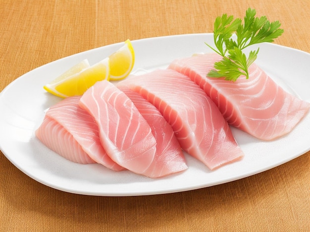 Photo Sliced raw hamachi sashimi on plate