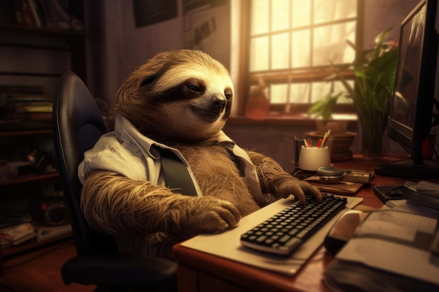 Photo sloth being lazy in the office Generative AI