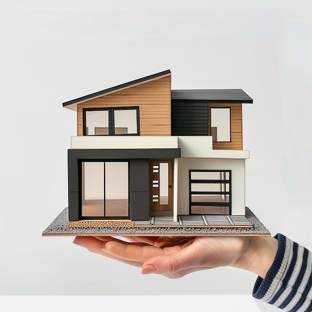 Photo photo of a small 3d house model hold on a human hand