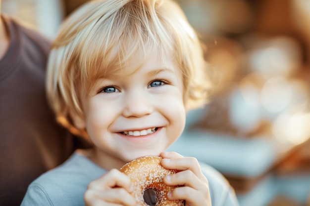 Photo of small boy happy with donuts