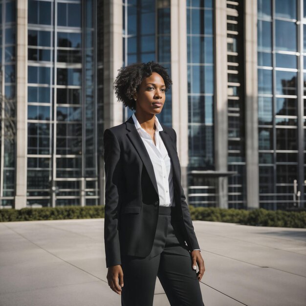 photo of smart african woman with black business suit at big modern city generative AI