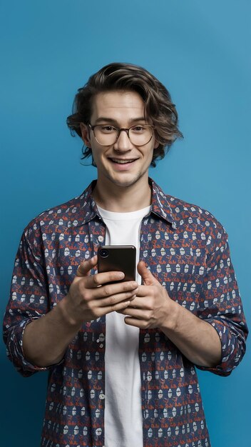 Photo of smart guy with wavy hair dressed print shirt show smartphone display empty space win bet i