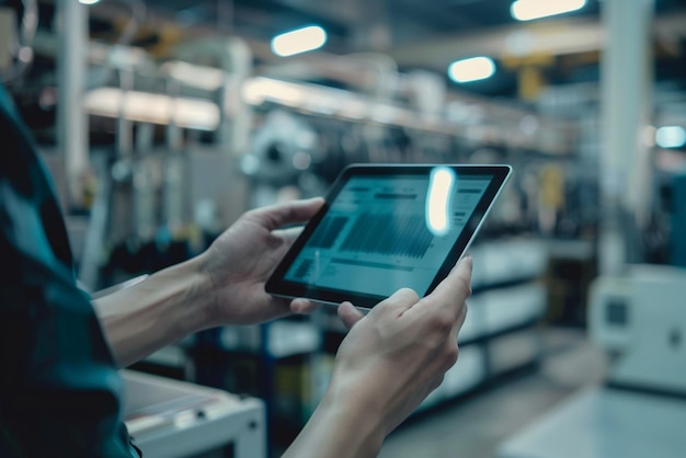 Photo smart industry control concepthands holding tablet on blurred automation machine as background