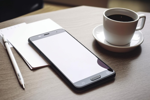 Photo of smartphone on work table with notebook like pro