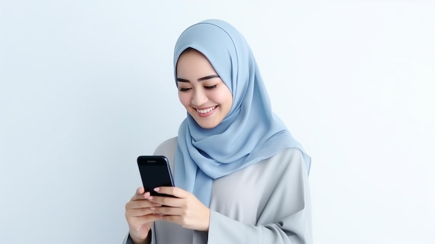 Photo smiling beautiful asian muslim woman in blue sweater and hijab using a smartphone