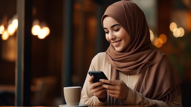 Photo smiling beautiful asian muslim woman in brown sweater