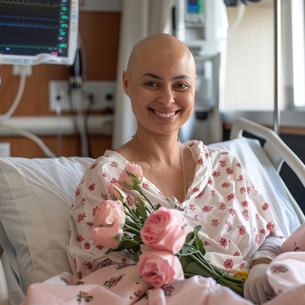 Photo photo of smiling breast cancer survivor holding flowers in hospital