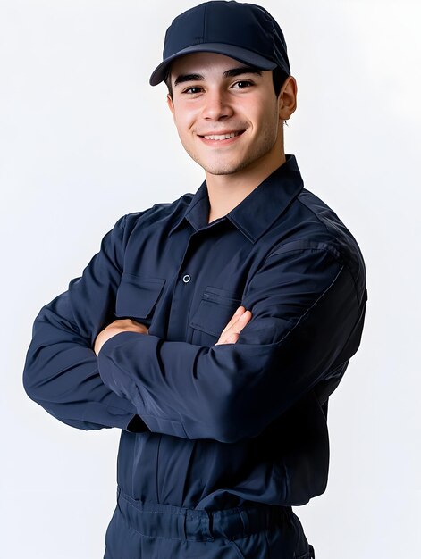 Photo of a Smiling Delivery Man in Blue Uniform Against White Background