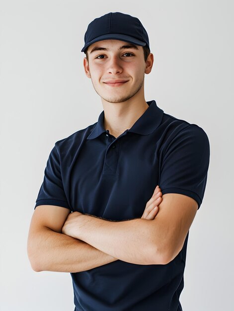 Photo photo of a smiling delivery man in blue uniform against white background