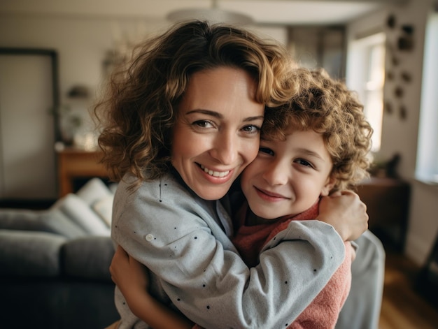 Photo of a smiling mother with her little son in a good mood wearing a nightgown in the room