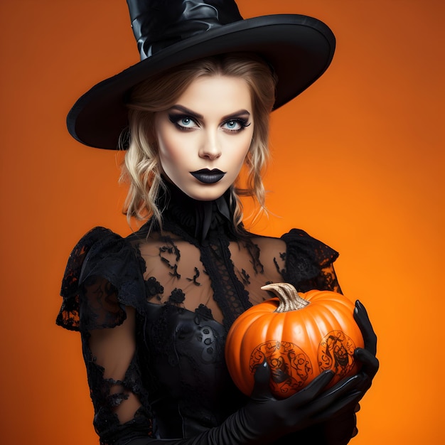 Photo Smiling Woman Dressed as Witch for halloween day with evil pumpkins generative ai