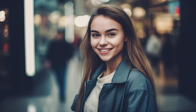 Photo of a smiling young woman with shopping bags in the shopping mall Generative AI