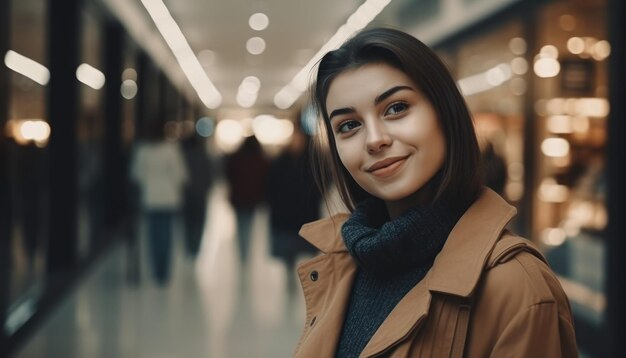 Photo of a smiling young woman with shopping bags in the shopping mall Generative AI