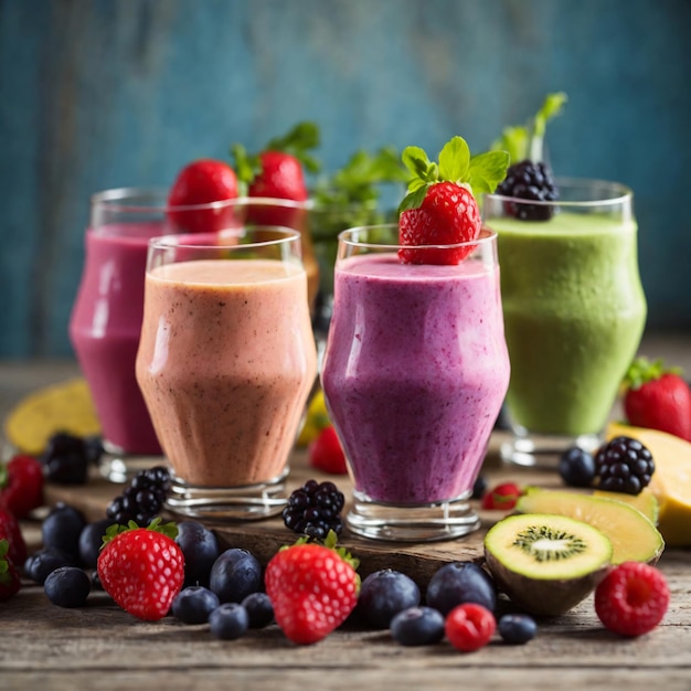 Photo of a smoothies on table with blue berry and strawberry