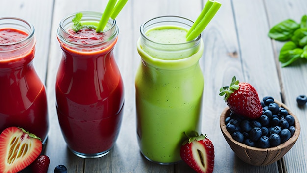 Photo of a smoothies on table with blue berry and strawberry