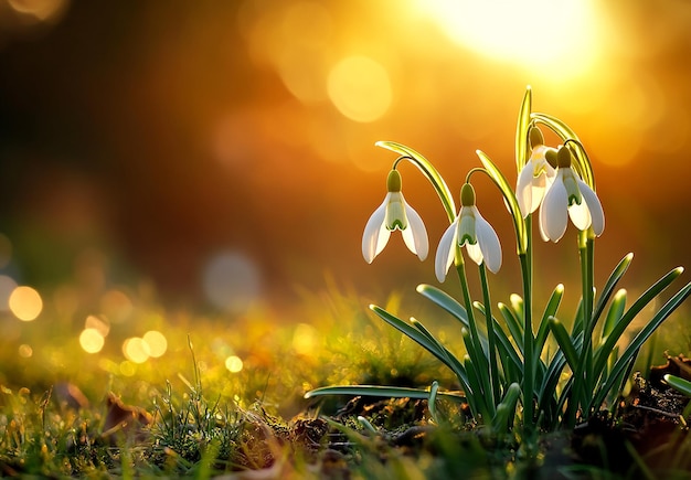 Photo photo of snowdrops with blooming beautiful flowers at spring season morning nature