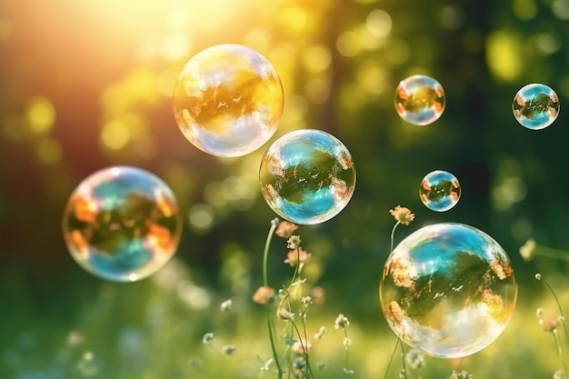 A photo of soap bubbles in the grass with the sun shining on it.